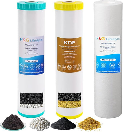 H&G Lifestyles 4.5" x 20" 3 Stage Whole House Water Filter Replacement set with Iron & Manganese Reducing Cartridges, GAC KDF, PP Cutton Cartridges,Compatible with DGD-5005-20, WGB32BM,EP20-BB,FP25B