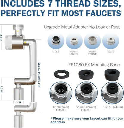 Frizzlife Water Filter for Sink Faucet Extender with Extension, NSF/ANSI 372, 9pcs Filters Reduce 99% Chlorine, 1080° Rotating Brass Tap Filter, 3 Modes Attachment for kitchen/Bathroom, FF1080-EX