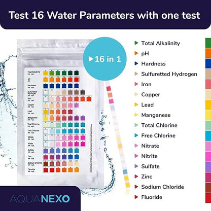 16 in 1 Drinking Water Test Kit - 25 Test Strips for Tap, Well & City Water - Tests Lead, Copper, Iron, Fluoride, Chlorine, Hardness, pH, Nitrate, Alkalinity & More