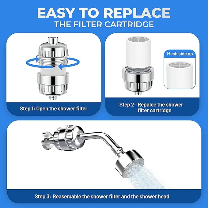 Shower Filter 20 Stage Showerhead Filter for Hard Water with 2 Replaceable Cartridges for Removing Chlorine Fluoride, Polished Chrome