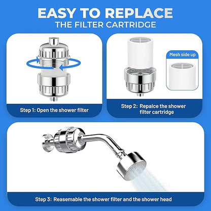 Shower Filter 20 Stage Showerhead Filter for Hard Water with 2 Replaceable Cartridges for Removing Chlorine Fluoride, Polished Chrome