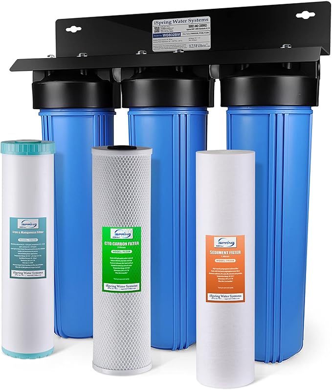 iSpring WGB32BM 3-Stage Whole House Water Filtration System w/ 20-Inch Sediment, Carbon Block, and Iron ; Manganese Reducing Filter & UVF55FS Whole House UV Water Filter