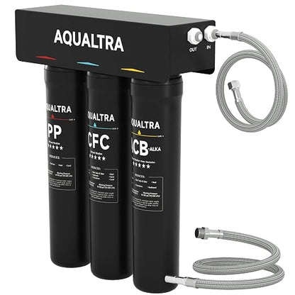 AQUALTRA USF-3B-15 Slightly Alkaline Under Sink Water Filter System, 8K-40K Gal, Reduce PFOA, PFOS, Chlorine, Lead, Mercury, Chloramine, Fluoride, Microplastics Particles, Bad Taste & Odor