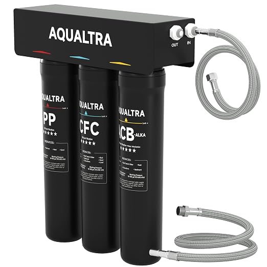 AQUALTRA USF-3B-15 Slightly Alkaline Under Sink Water Filter System, 8K-40K Gal, Reduce PFOA, PFOS, Chlorine, Lead, Mercury, Chloramine, Fluoride, Microplastics Particles, Bad Taste & Odor