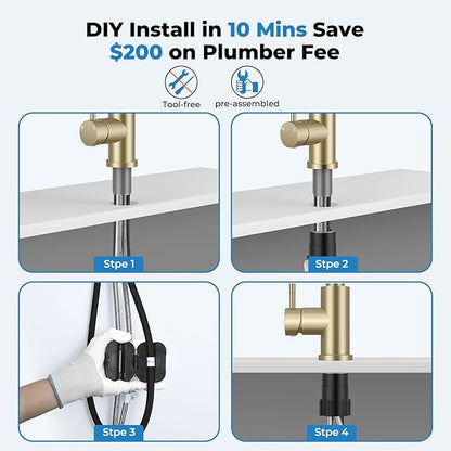Gold Kitchen Faucet, Brass Kitchen Faucet with Pull Down Sprayer, Single Hole Stainless Steel Brushed Gold Faucet for 3 Hole Kitchen Sink Gooseneck for Commercial Modern Camper RV Farmhouse Bar Sink