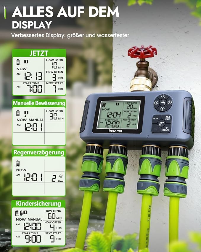 Insoma Water Timer 4 Zones with Brass Inlet & Outlet, Automatic Garden Hose Timer with Manual/Rain Delay & Large Display, IPX5 Waterproof Faucet Timers for Sprinkler System, Yard, Lawn, Greenhouse