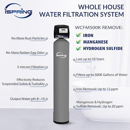 iSpring WCFM500K Whole House Water Filtration System for Iron, Manganese & Hydrogen Sulfide Removal, Well Water Compatible, Set & Forget, Lasts up to 10 Years