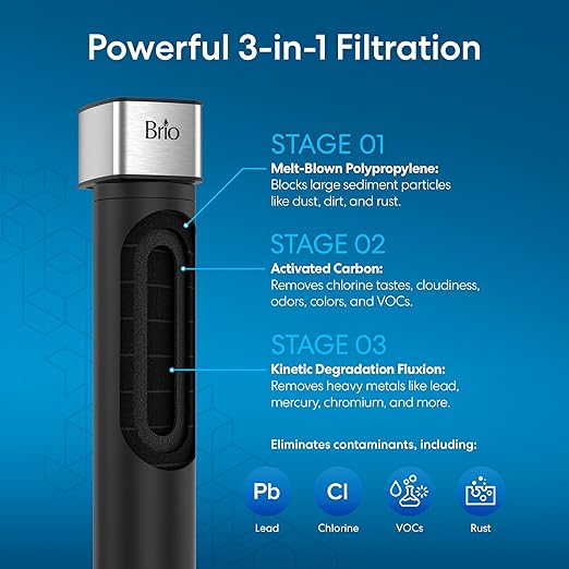 Brio 26" Under Sink Water Filter System for Kitchen & Bathroom Faucet | 3-Stage Single Housing 0.5 Micron Filters PFAS, Chlorine, Lead, Mercury+ | 25,000 Gallons/2 Years | NSF/ANSI 42 & 372 Certified
