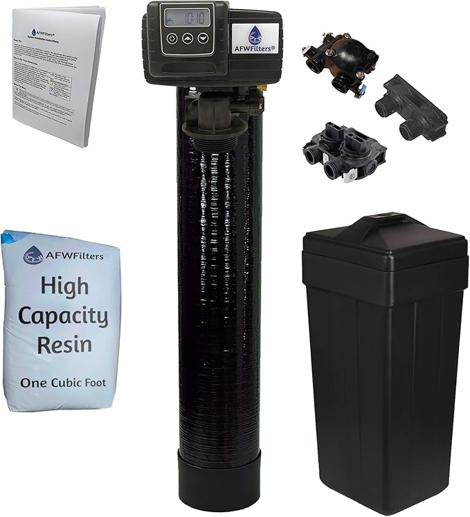 AFWFilters 1 Cubic Foot (32k) Whole Home Water Softener with High Capacity Resin, 3/4" Plastic MNPT Connection, and Black Tanks