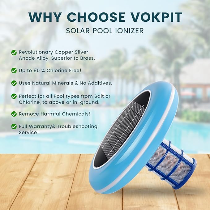 Pool Ionizer Solar Powered,Copper Ionization,Floating Automatic Water Cleaner and Purifier,Up to 45,000 Gal,85% Less Chlorine, Chlorine Free Water,Smart Replacement
