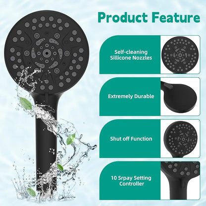 Hibbent High Pressure 10-mode Shower Head, Filtered Handheld Showerhead with Adjustable Brass Joint Holder, 71" Metal Hose, Improve Skin & Hair, Built-in Power Wash to Clean Tub & Pets, Black