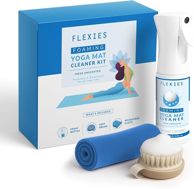 Flexies Foaming Yoga Mat Cleaner Spray Kit, Plant Based Non Toxic Mat Cleaner with Brush and Microfiber Cloth, Yoga Essentials for Women and Men, Pilates Mat Care, Fragrance Free