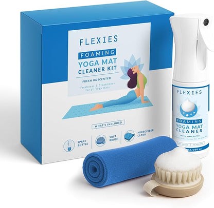 Flexies Foaming Yoga Mat Cleaner Spray Kit, Plant Based Non Toxic Mat Cleaner with Brush and Microfiber Cloth, Yoga Essentials for Women and Men, Pilates Mat Care, Fragrance Free
