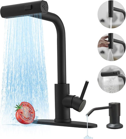 Black Kitchen Faucets with Pull Down Sprayer,Waterfall Kitchen Sink Faucet with Soap Dispenser,Utility Stainless Steel Kitchen Faucet,Single Handle Kitchen Faucet with Pull Down Sprayer for 3 Function