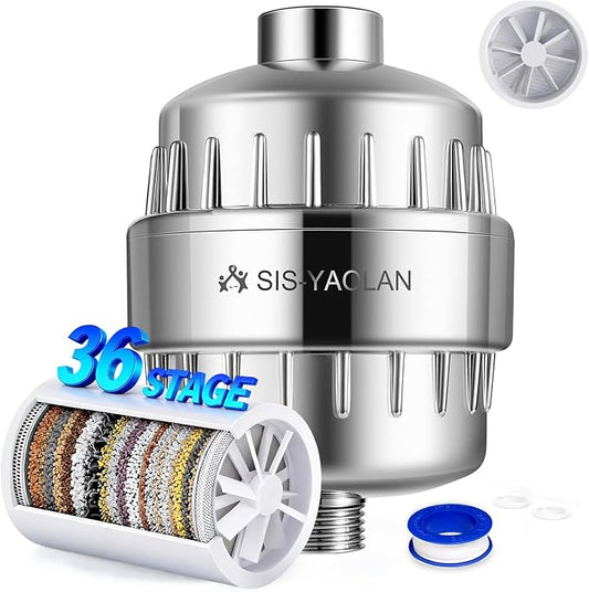 36 Stage High Output Shower Filter for Hard Water Fan-Shaped Even Flow, Removes Chlorine, Heavy Metals, Sediment & Odor - Universal Replacement Filter for Handheld & Fixed Showerheads
