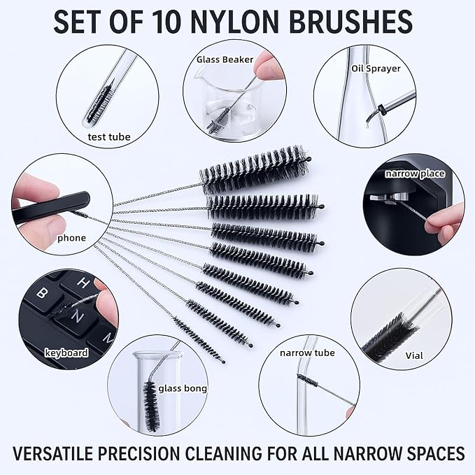 12 Pcs Glass Tube Pipe Cleaning Brush Set – 35" Flexible Hose Brush, 17" Extra Long & Multi-Sized Nylon Cleaners for Curved Glass Tubing, Narrow Neck Tumblers, Straws & Crevices