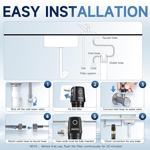 AQUALTRA USF01-BK Under Sink Water Filter System, 12K Gal, NSF/ANSI 372/CAN Certified, Reduces PFOA, PFOS, Chlorine, Lead, Mercury, Chloramine, Fluoride, Microplastics Particles, Bad Taste & Odor