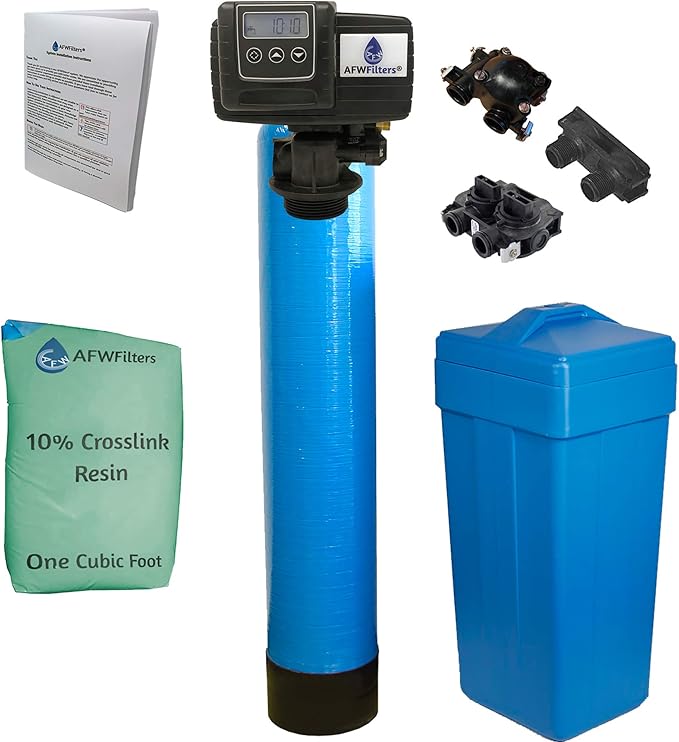 AFWFilters 1 Cubic Foot (32k) Whole Home Water Softener with Durable 10% Crosslink Resin, 3/4" Plastic MNPT Connection, and Blue Tanks