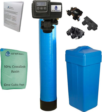 AFWFilters 1 Cubic Foot (32k) Whole Home Water Softener with Durable 10% Crosslink Resin, 3/4" Plastic MNPT Connection, and Blue Tanks