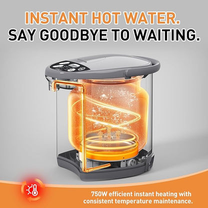 Rosewill Electric Water Boiler and Warmer - 5L/5.3 Qt Stainless Steel Hot Water Dispenser w/Rotating Base, Keep Warm Temperature Set, Auto Shut Off, Safety Lock - Gray