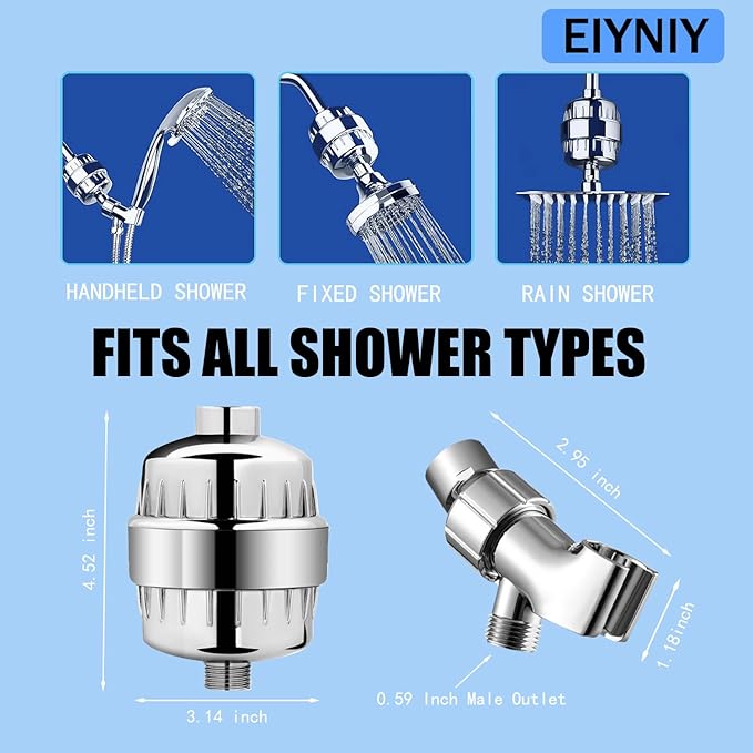 Universal Shower Filter, High Output with Replaceable 15-Stage Cartridge to Remove Chlorine & Impurities, Improve Water Quality for Skin & Hair Care, Chrome，with Bracket Holder (EY-009S)