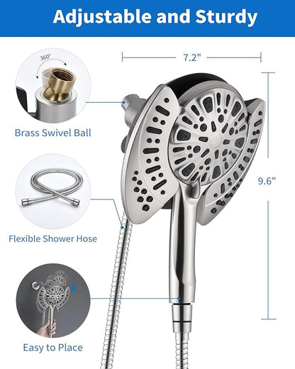 INAVAMZ 2-in-1 Shower Head with Handheld Combo: Rainfall Shower Head & Detachable Shower Head Use Together or Alone, 9 Spray Settings Showerhead with Hose Nickel, Shower Trim Systems