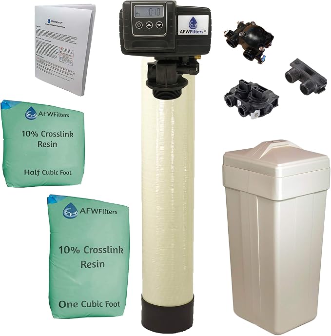 AFWFilters 1.5 Cubic Foot (48k) Whole Home Water Softener with Durable 10% Crosslink Resin, 1" Plastic MNPT Connection, and Almond Tanks