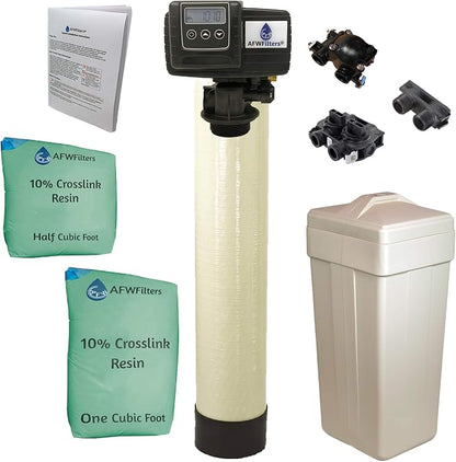 AFWFilters 1.5 Cubic Foot (48k) Whole Home Water Softener with Durable 10% Crosslink Resin, 1" Plastic MNPT Connection, and Almond Tanks