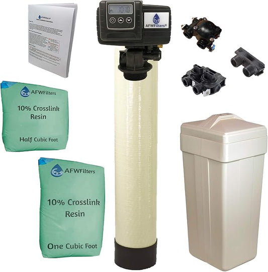 AFWFilters 1.5 Cubic Foot (48k) Whole Home Water Softener with Durable 10% Crosslink Resin, 1" Plastic MNPT Connection, and Almond Tanks