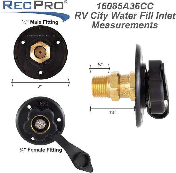 RecPro RV City Water Fill Inlet | Black | Optional Hose Elbow | Flange Brass with Check Valve | Camper | Trailer | Marine | Made in USA (with Hose Elbow)