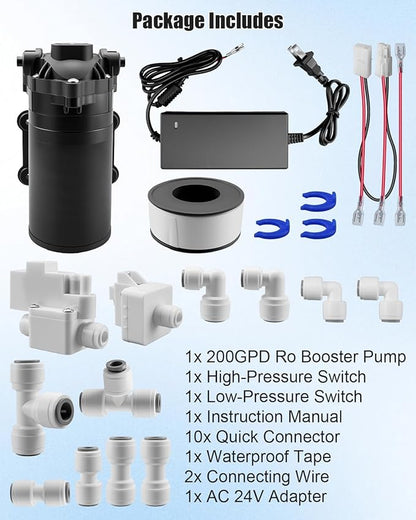 Water Booster Pump for 200GPD Home RO System, Water Filtration System High Pressure Pump with Auto On/Off Switch, Easy Installation Kit for Reverse Osmosis Systems