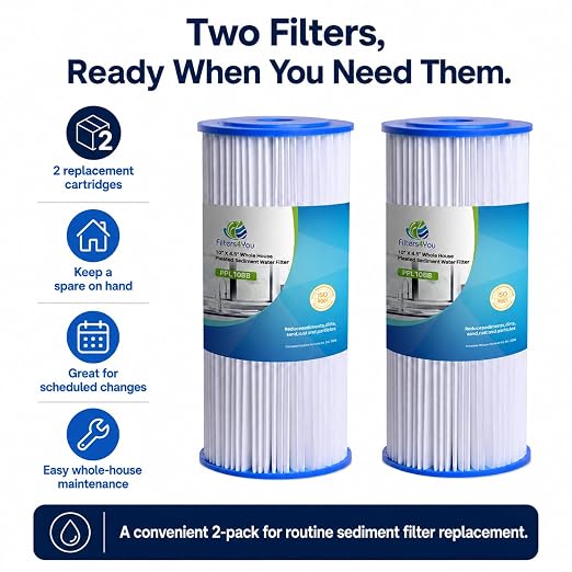 CFS Pleated Sediment Filters for HDX4PF4, 10 x 4.5 in, 30 Micron, 2 Pack | Washable pleats trap sand, silt & rust; also fits ECP20-BB, R30-BB, W15-PR & other Big Blue 10 x 4.5 in housings