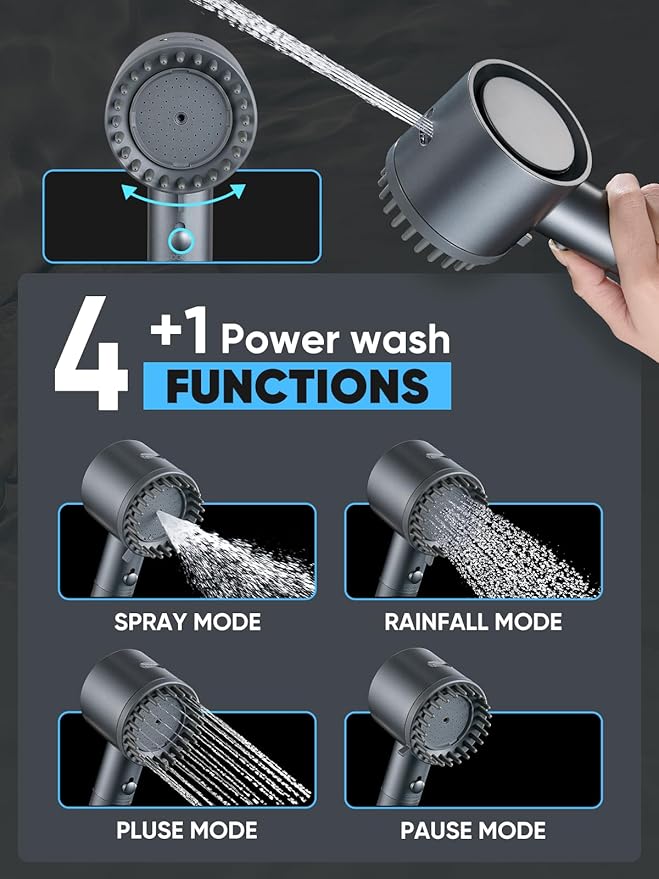 Cobbe Ion Drops Filtered Shower Head with Handheld, High Pressure 5 Spray Mode Showerhead with Filters, Built-in Power Wash for Hard Water - Remove Chlorine - Reduces Dry Itchy Skin, Gray