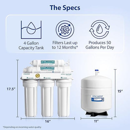 APEC Water 5-Stage Under Sink Reverse Osmosis Water Filter System, ROES-50 Essence Series, WQA Certified, 50 GPD, Reduces 99.99% of Contaminants, Home Water Filtration, DIY Install