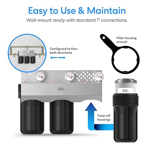 Brio Whole House Water Filter System w/Gauges | 3 Stage Fast-Flow Filtration (5 Micron Sediment, Carbon GAC, CTO Carbon Block) 4.5" x 10" Filters | Improves Taste, Protects Home Appliances | 720 GPH