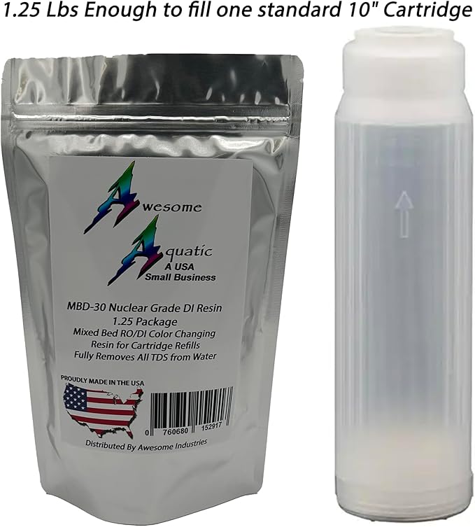 Awesome Aquatic Mixed Bed DI Resin 1.25 lb Resintech MBD-30 Nuclear Grade Color Changing DI Resin Deionization RO/DI 10" Filter Cartridge Refill (1.25 lb)