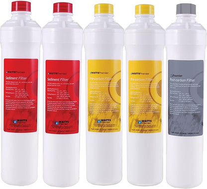 Watts Premier Annual RO Pure Plus 5-Pack Filtration Kit for 4 Stage Pure Plus/Zero Pure Plus Reverse Osmosis System, Push Button Water Filter Replacement, 2 Sediment Filters, 2 Carbon Pre-Filters, VOC
