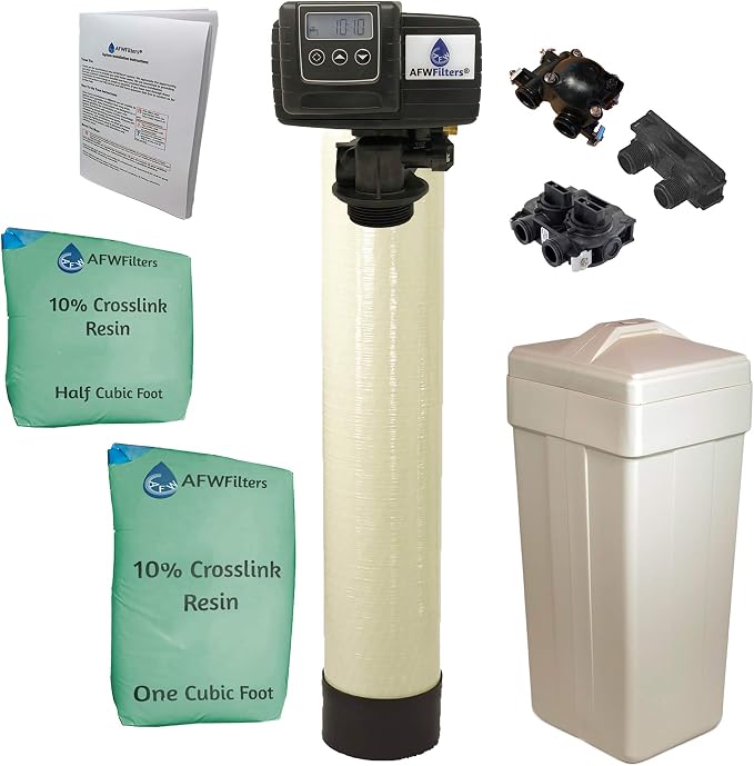 AFWFilters 1.5 Cubic Foot (48k) Whole Home Water Softener with Durable 10% Crosslink Resin, 3/4" Plastic MNPT Connection, and Almond Tanks