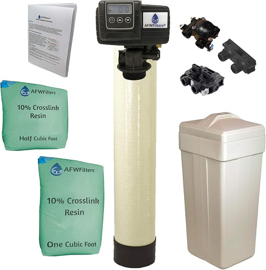 AFWFilters 1.5 Cubic Foot (48k) Whole Home Water Softener with Durable 10% Crosslink Resin, 3/4" Plastic MNPT Connection, and Almond Tanks