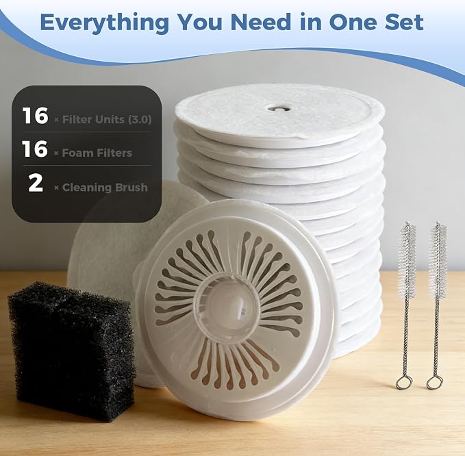 16 PCS Filter Unit 3.0 Pet Cat Kit Water Fountain Filters,Fit for E versweet Solo 2/Solo SE, E versweet 3 Pro/2S/3, Including Replacement Filters and Replaced Foam Pump Filter