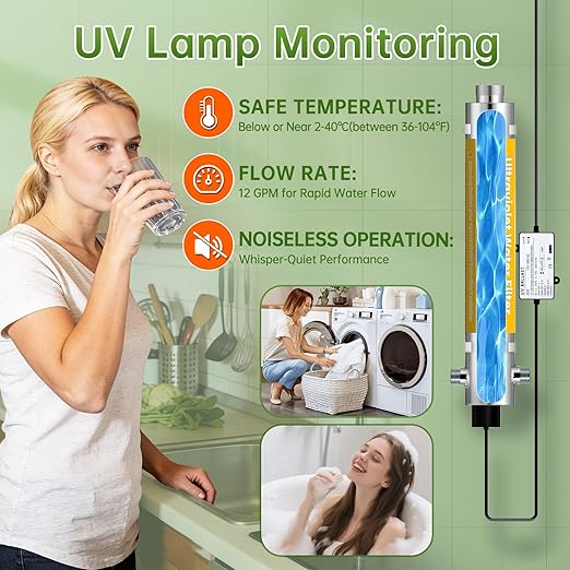 Whole House UV Water Filter System,55W 1" MNPT Inlet/Outlet Water Purifier Filter System for Whole House Water Purification,120V 12GPM High Flow, +1 Extra Bulb