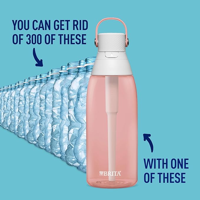 Brita Hard-Sided Plastic Premium Filtering Water Bottle, BPA-Free, Reusable, Replaces 300 Plastic Water Bottles, Filter Lasts 2 Months or 40 Gallons, Includes 1 Filter, Blush - 36 oz.