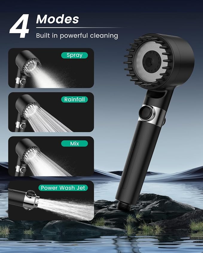 Filtered Shower Head with Handheld with 4PCS Filters, High Pressure 4 Spray Modes Black Shower heads with Filter, Water Softener Filter for Hard Water 70" Hose