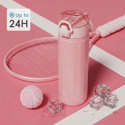 Konokyo FLOWPLAY 25oz Locking Push-Button Water Bottle with Silicone Spout,Leak-Proof,18/8 Stainless Steel Double-Wall Vacuum Insulated for Sports and Travel,BPA-Free,Pink