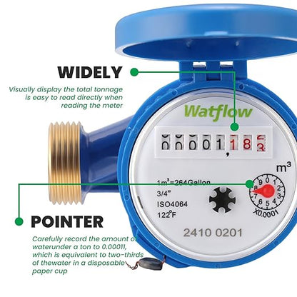 Watflow DN20 Water Meter 3/4" NPT, ISO4064 Certification Cubic Water Flow Meter, Cold Water Meter for Garden/Home/Apartment, Horizontal Install.