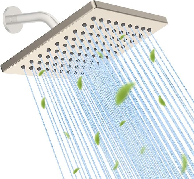 Hibbent cUPC Certified Metal Shower Head, 6'' High Pressure Rainfall Shower Head, Square Bathroom Waterfall Shower Heads, High Flow Fixed Showerheads with Adjustable Brass Ball Joint, Brushed Nickel