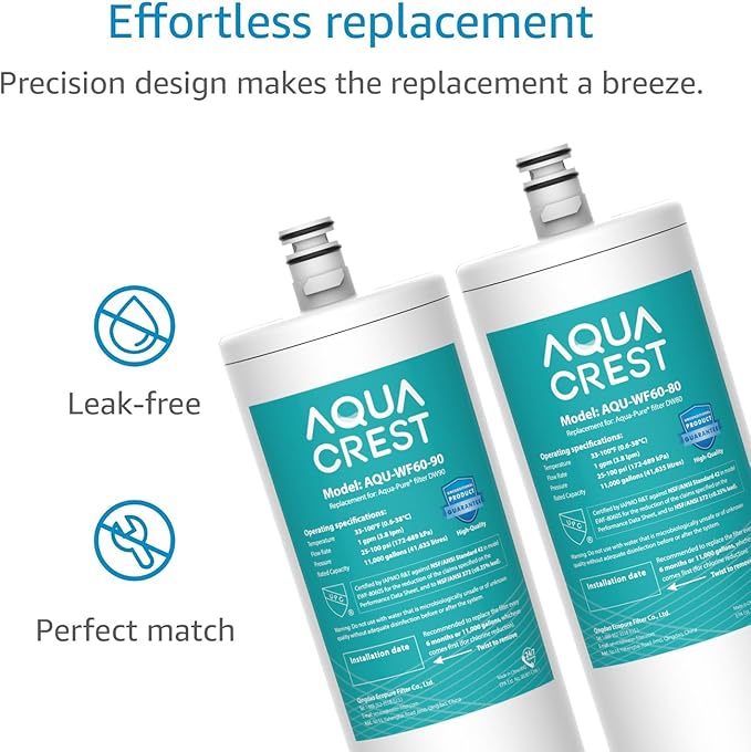 AQUA CREST DW80/90 Under Sink Water Filter, Replacement for Aqua-Pure® AP-DW80/90, AP-DWS1000, Kohler K-201-NA, Kohler K-202-NA, NSF/ANSI 42 Certified, 2 Pack, Model No.WF60-80/90