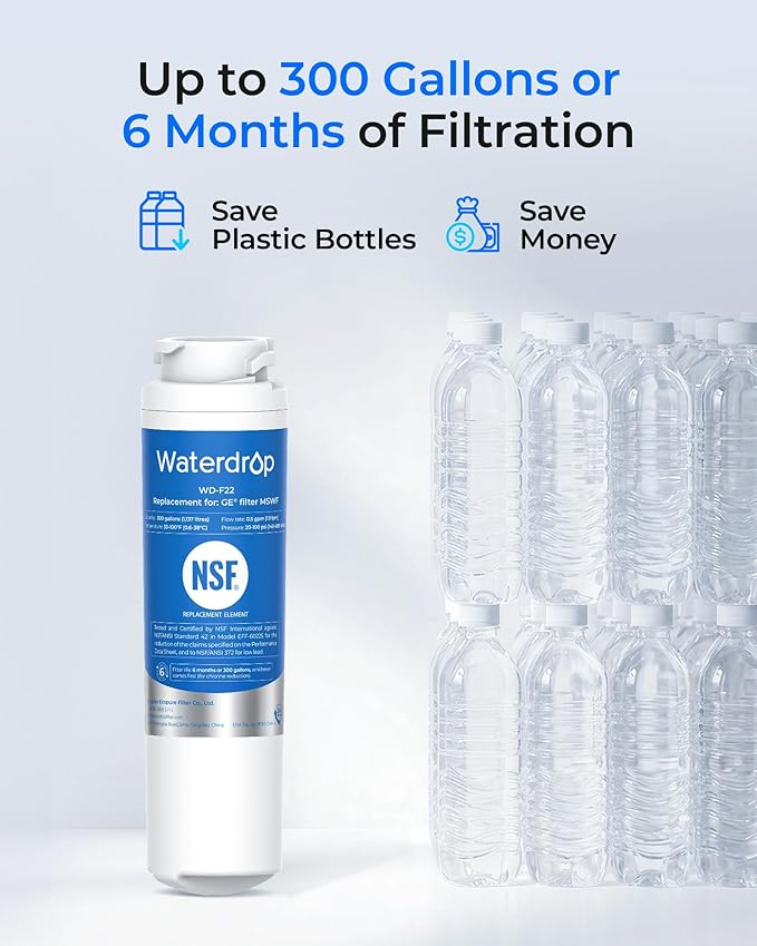 Waterdrop MSWF Refrigerator Water Filter, Replacement for GE® MSWF, 101820A, 101821B, RWF1500A, NSF 42&372 Certified, Pack of 3 (Package May Vary)