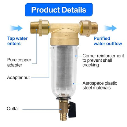 Whole House Water Filter, 40-50 Micron Spin Down Sediment Prefilter System, 1" MNPT + 3/4" FNPT,BPA-Free Lead-Free Heavy Duty Brass
