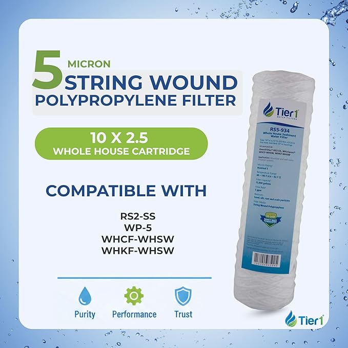 Tier1 5 Micron 10 x 2.5 Water Filter | String Wound Polypropylene Whole House Fine Sediment Filter Cartridge | Replacement for Pentek WP-5, OmniFilter RS2-SS, WHCF-WHSW | 2.5 x 10 Water Filter